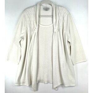 SAGHARBOR 2 Pc Cardigan Sweater Set Sz 1X Cream Ribbed Cozy Grannycore